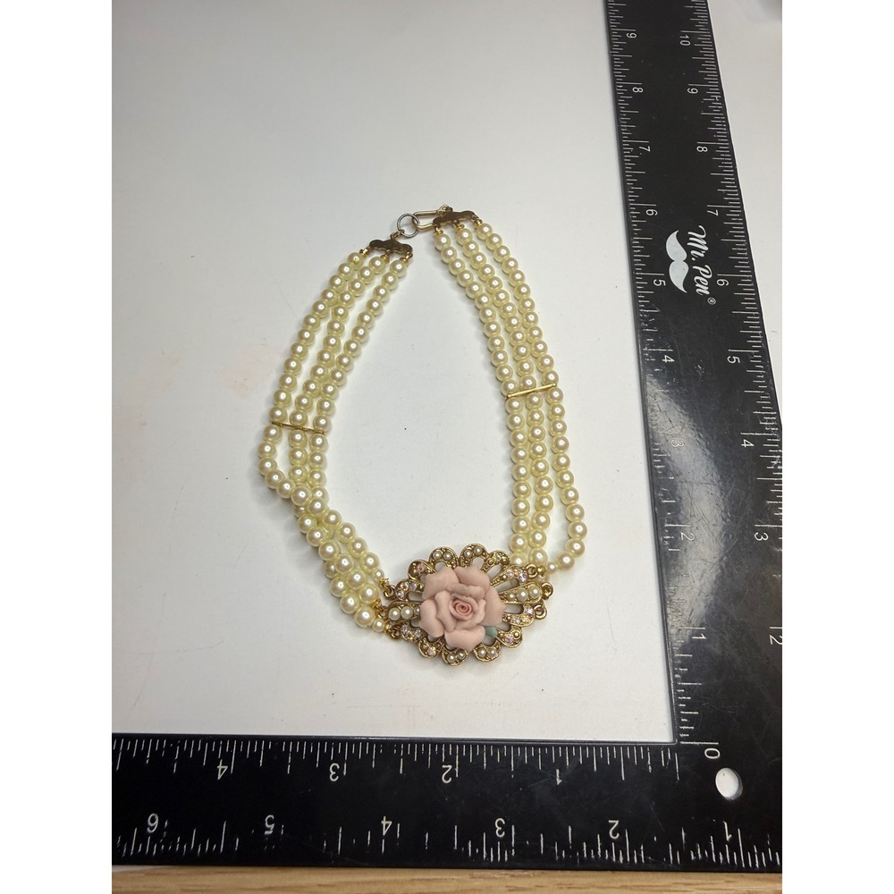 Vintage Triple Strand Faux Pearl Necklace Pink Rose Rhinestone Gold Tone 15.5in